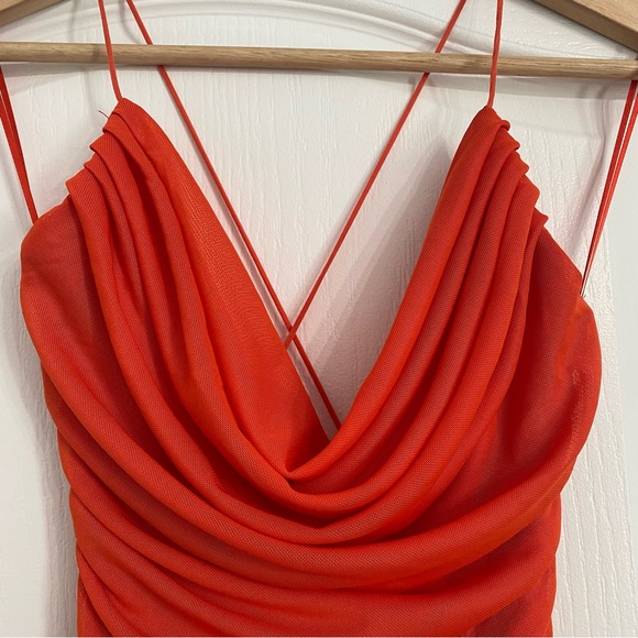 GARAGE | Morgan mesh ruched cami dress in mandarin red - Picture 7 of 10